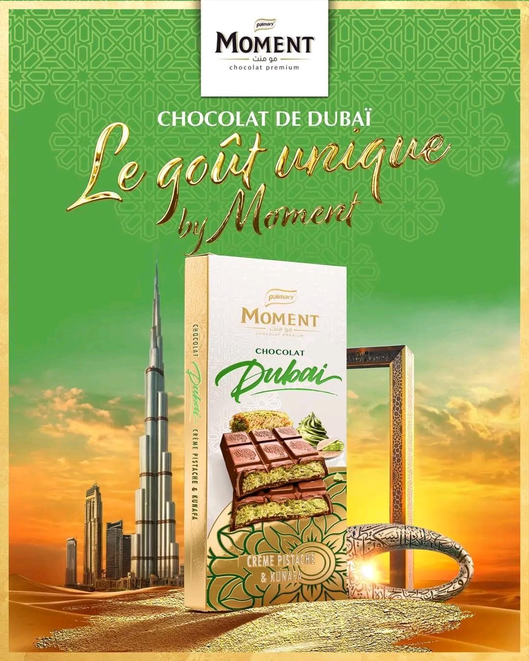 Moment Dubai Chocolate, Crème Pistache & Kunafa, Premium Middle Eastern Chocolate Bar