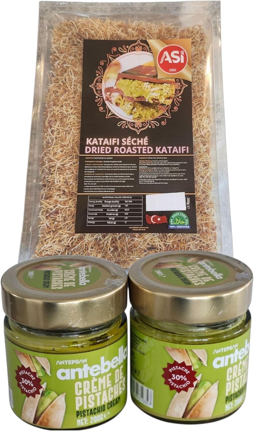 ASI 200 g Dried Roasted Kataifi with 2 Antebella Pistachio Cream, Traditional Turkish Dessert Set
