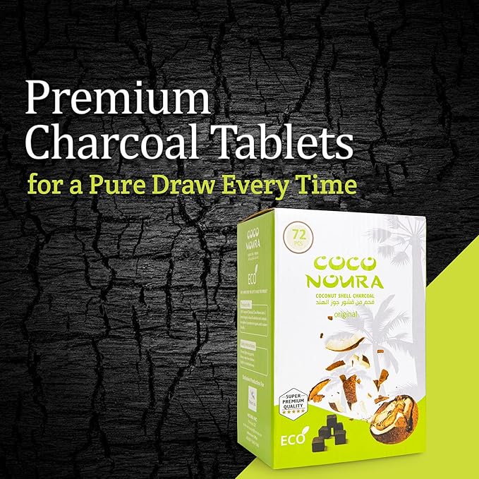Coco Noura Premium Coconut Shell for Incense Hookah Shisha Cubes Natural Coal Briquette Narghile 1KG-72 Pieces 25mm Cubes Super Dense Canada's Choice