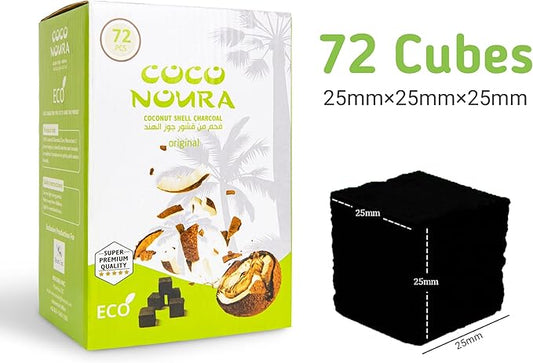 Coco Noura Premium Coconut Shell for Incense Hookah Shisha Cubes Natural Coal Briquette Narghile 1KG-72 Pieces 25mm Cubes Super Dense Canada's Choice