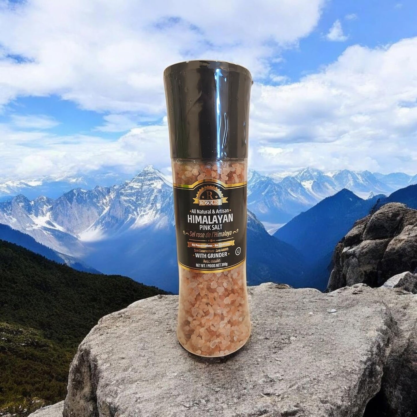 Rosolin Himalayan Pink Salt with Grinder, All Natural & Artisan, 390g