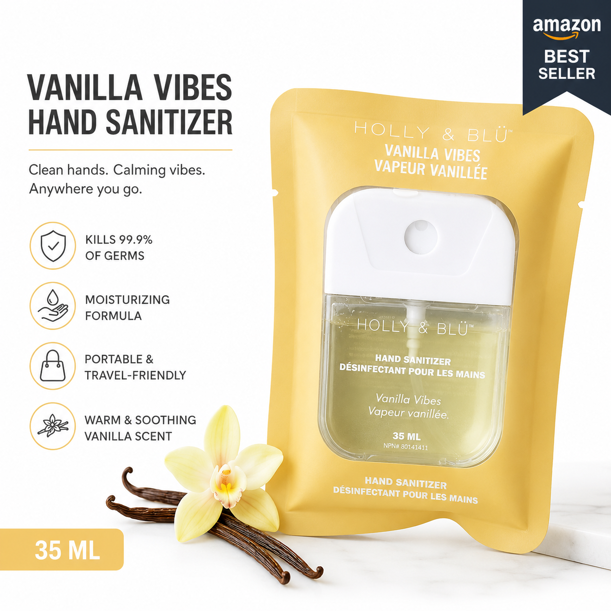 Holly & Blü Vanilla Vibes Hand Sanitizer Spray, Moisturizing Formula, Travel Size, 35 mL