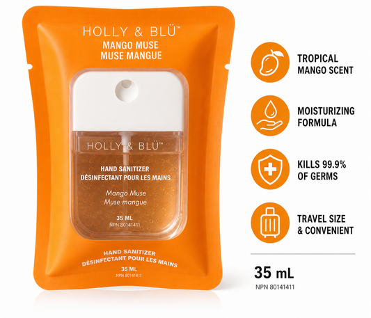 Holly & Blü Mango Muse Hand Sanitizer Spray, Moisturizing Formula, Travel Size, 35 mL